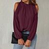Top da donna primaverili ed estivi Camicia a foglia di loto tinta unita Girocollo Manica lunga Camicetta con spalle scoperte pieghettata termoretraibile