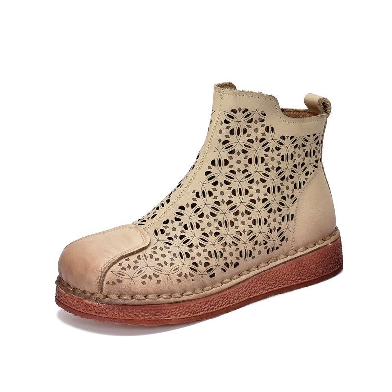 Johnature Ethnic Style Retro Soft Soled Hollow Out Boots Versatile Genuine Leather Flat Women's Sandals