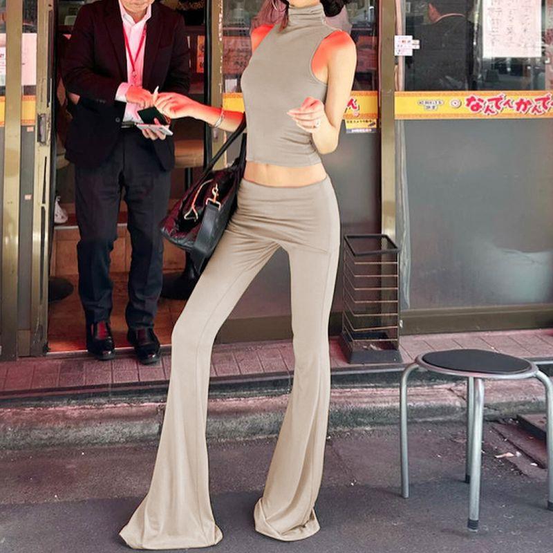 

Fashionable and Personalized Sleeveless Top Flared Pants Set Khaki M