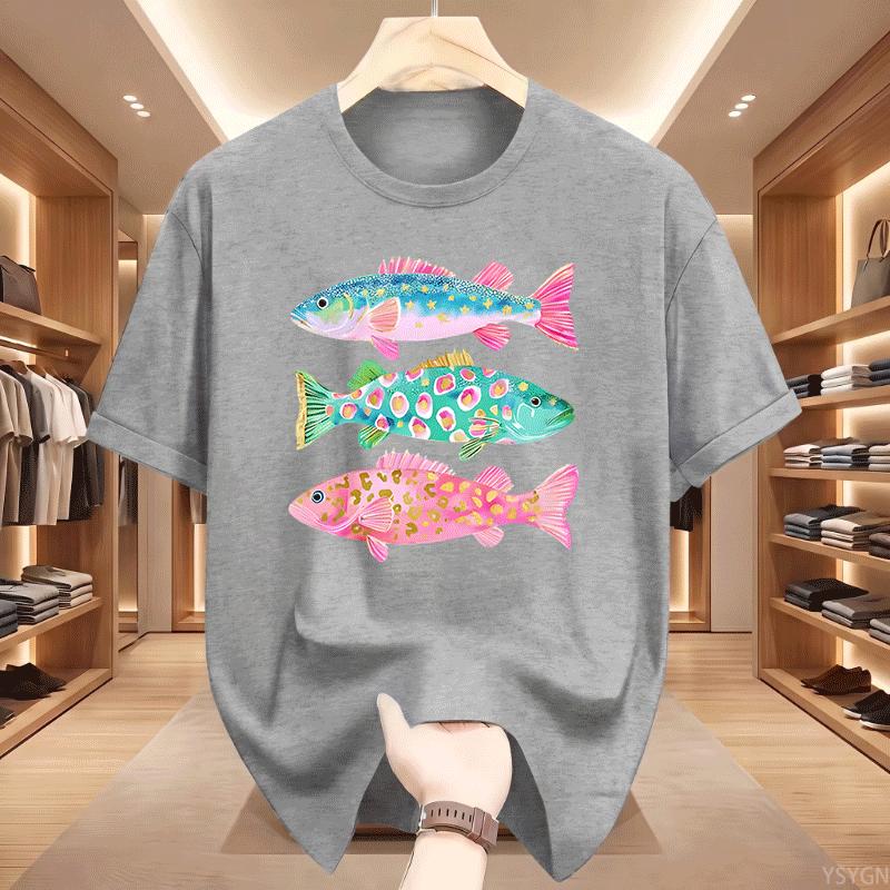 Preppy Fish Tshirt Unisex Summer Coastal Fish Beach Tshirts Causal Round Neck Printed Cotton Short Sleeve T Shirts Unisex Tops