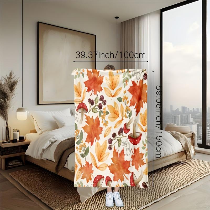 1pc Autumn Leaves & Mushrooms Print Flannel Blanket - Cozy Fall Decor Throw with Vibrant Orange/Yellow/Brown/Green/Purple Colors