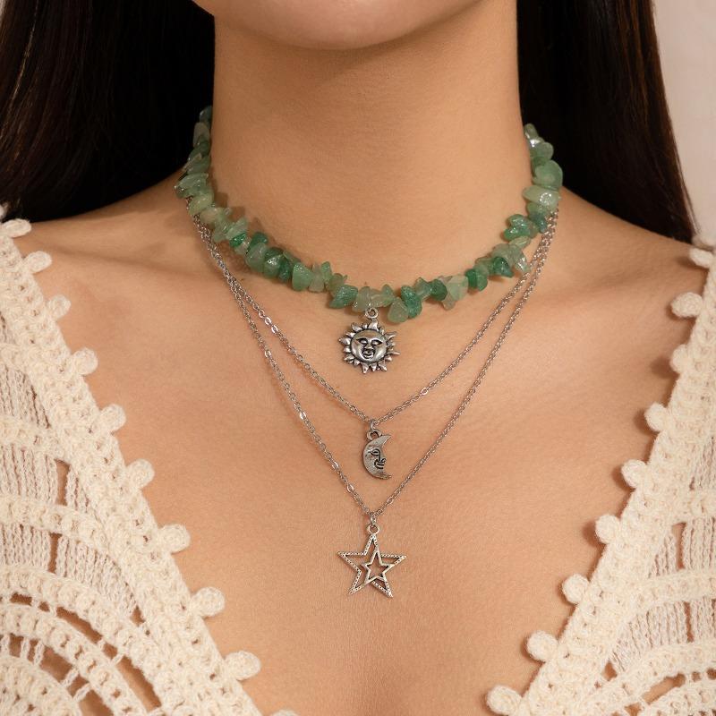 Vintage Multi-layered Necklaces for Women Gilrs Sweet Cool Stones Beaded Choker Sun Moon Star Pendant Chains Necklace Jewelry Friends Gift