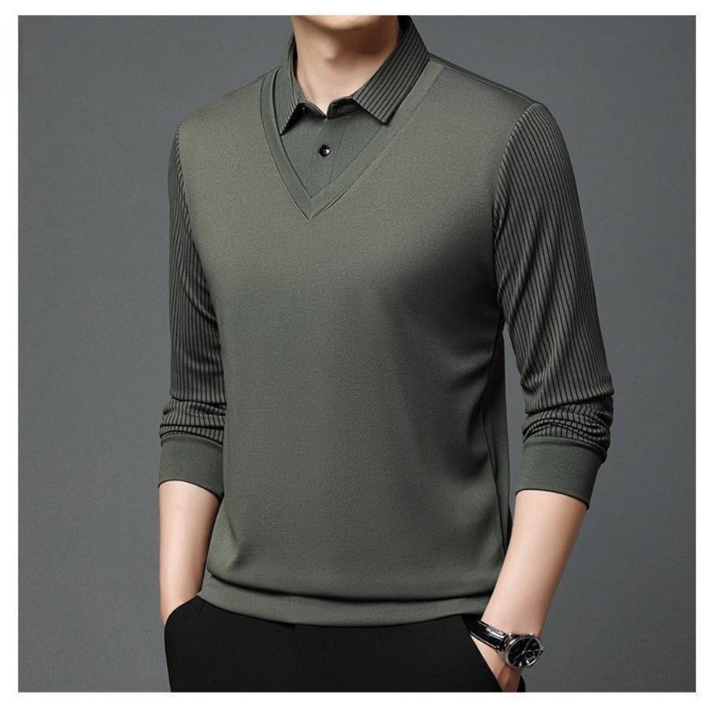 Men's Casual Long Sleeve Polo Shirt Polyester & Spandex Blend, Lapel Collar, Striped Knit Fabric with Slight Stretch, Button Detail, Spring/Fall Wear