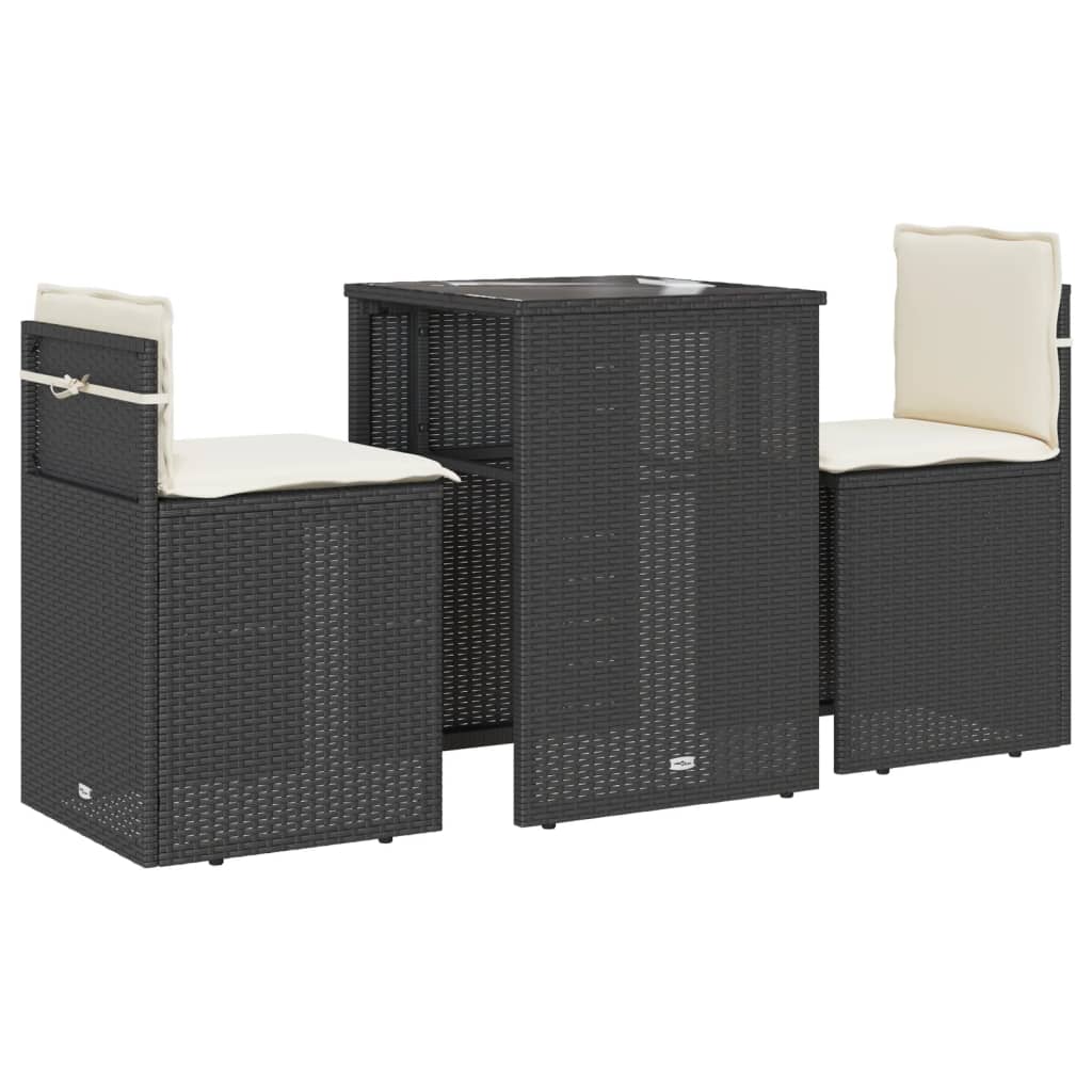 3 Piece Bistro Set with Cushions Black Poly Rattan