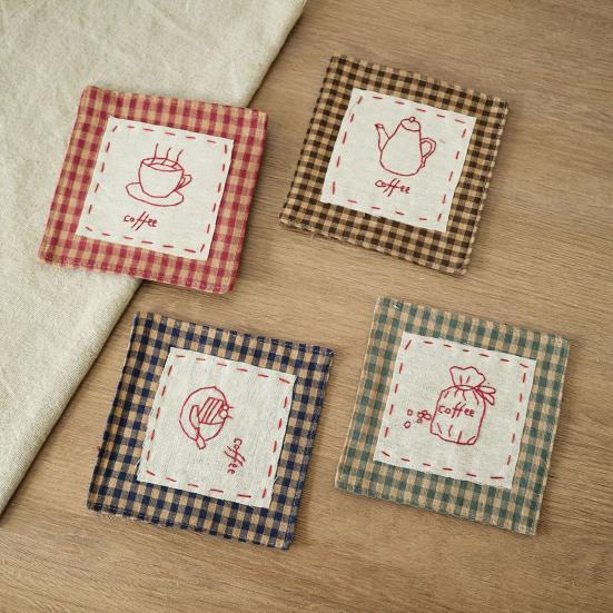 4 pièces sous-verres rustiques en coton, dessous de verre tissés à carreaux brodés à la main pour tasses à café et à thé, protège-table lavable résistant à la chaleur pour la maison