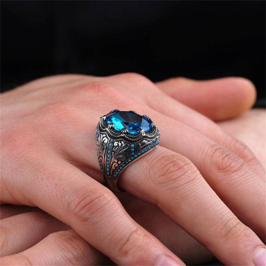 Retro Handmade Turkish Signet Ring For Men Vintage Ancient Silver Color Carved Blue Zircon Ring Punk Motor Biker Muslim Jewelry