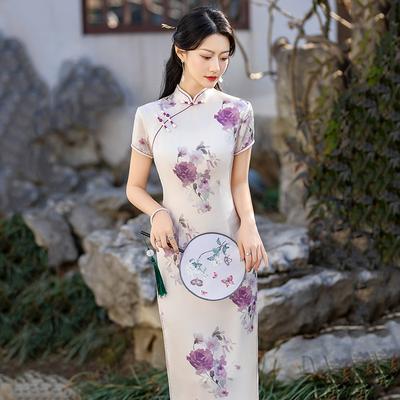 National Style New Chinese Mother Dress Cheongsam Improved Young Women's High Sense Retro Slim Short Sleeves Summer Medium and Long