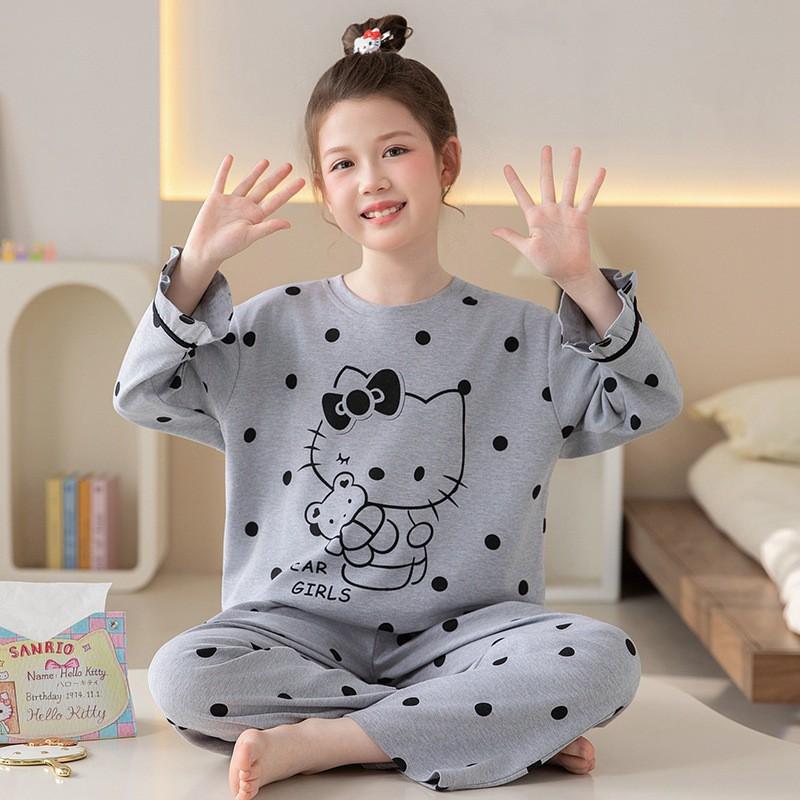 100% Cotton Girls Long Sleeve Pajamas Set Cartoon Print Round Neck Sleepwear Kids 8 Years