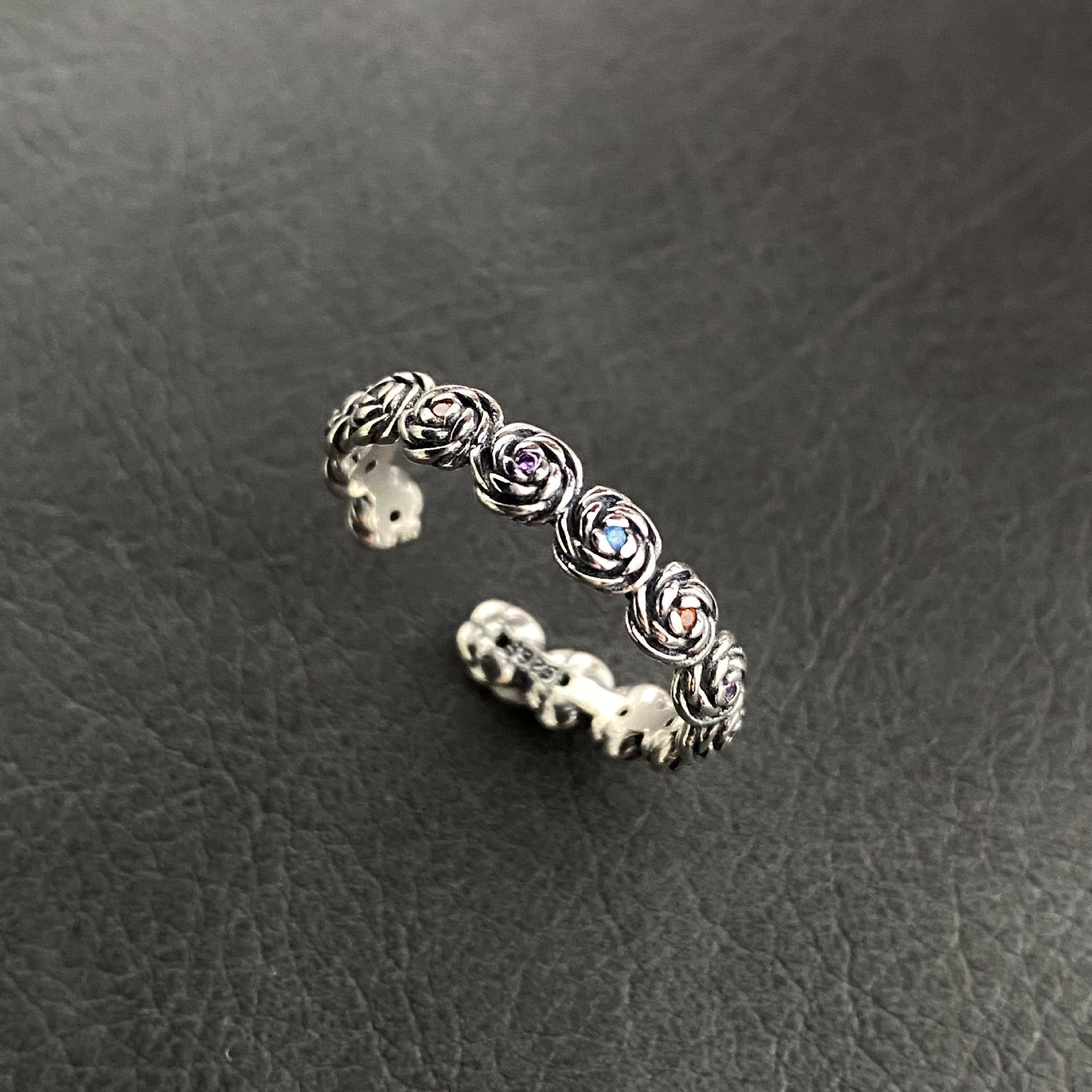 

Потрясающее кольцо из чистого серебра 925 пробы с разноцветными цирконами в стиле ретро, с цветочным узором и регулируемым размером для женщин