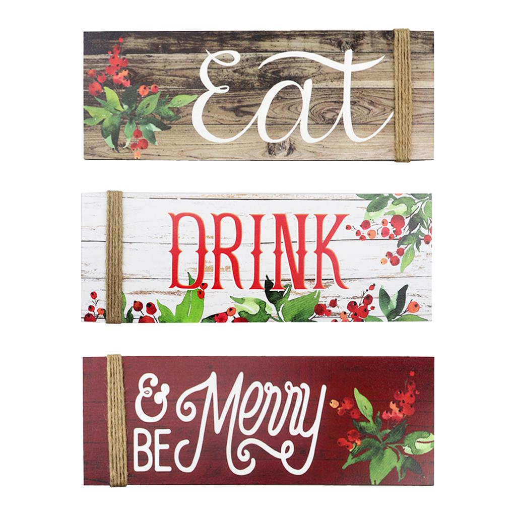 3PCS Christmas Wood Home Sign Be Merry & Eat & Drink Pattern Merry Christmas Front Door Sign for