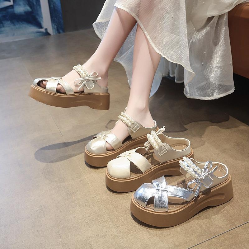 Thick-soled Muffin Cool Slippers for Women's Summer Wear New Fashionable Pearl Bow Heightening Comfortable Beach Sandals