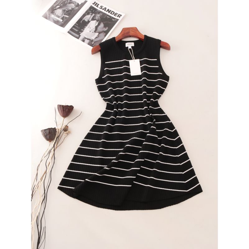 High-End French Style Color Matching Stripe Vest Skirt Summer Sleeveless Ice Silk A Word Knitted Dress