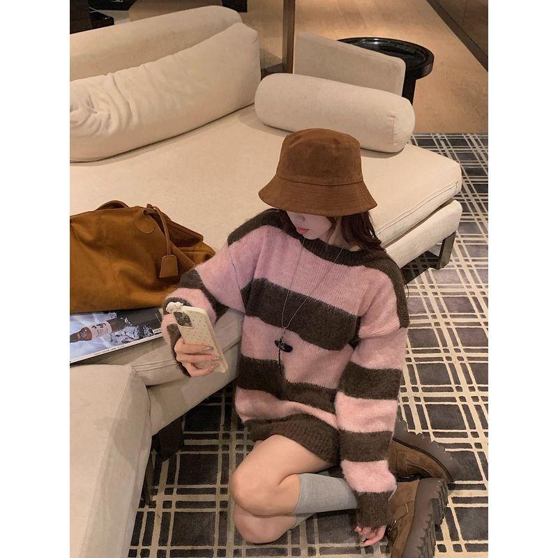 Kumikumi Idle Style Pink Brown Stripes Crew Neck Pullover Sweater Women Autumn Chic Versatile Loose Top