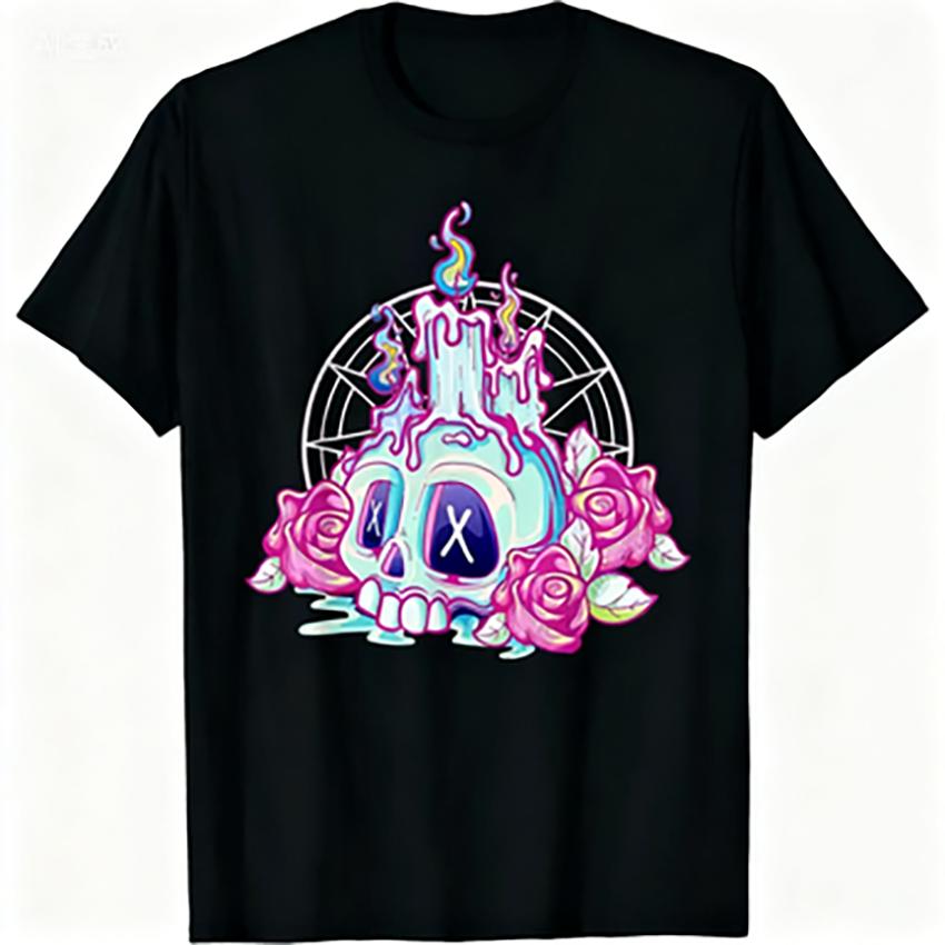 

Pastel Cat with Skull Death Moon Womens T Shirt Goth Gothic Punk Halloween Tees Clothing 3XL