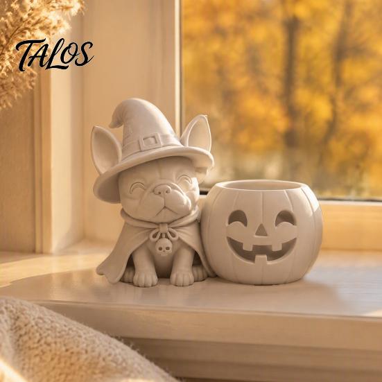 Cute Dog Halloween Gift French Bulldog Witch Statue, 3D Printed Pumpkin Candle Holder, Festive Home Decorations Figurine Tabletop Decor for