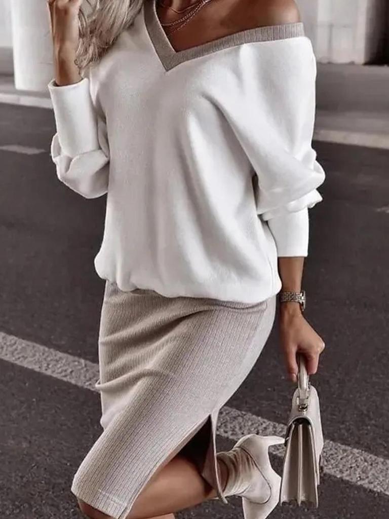 Women's Casual V-Neck Hoodie and Skirt Set