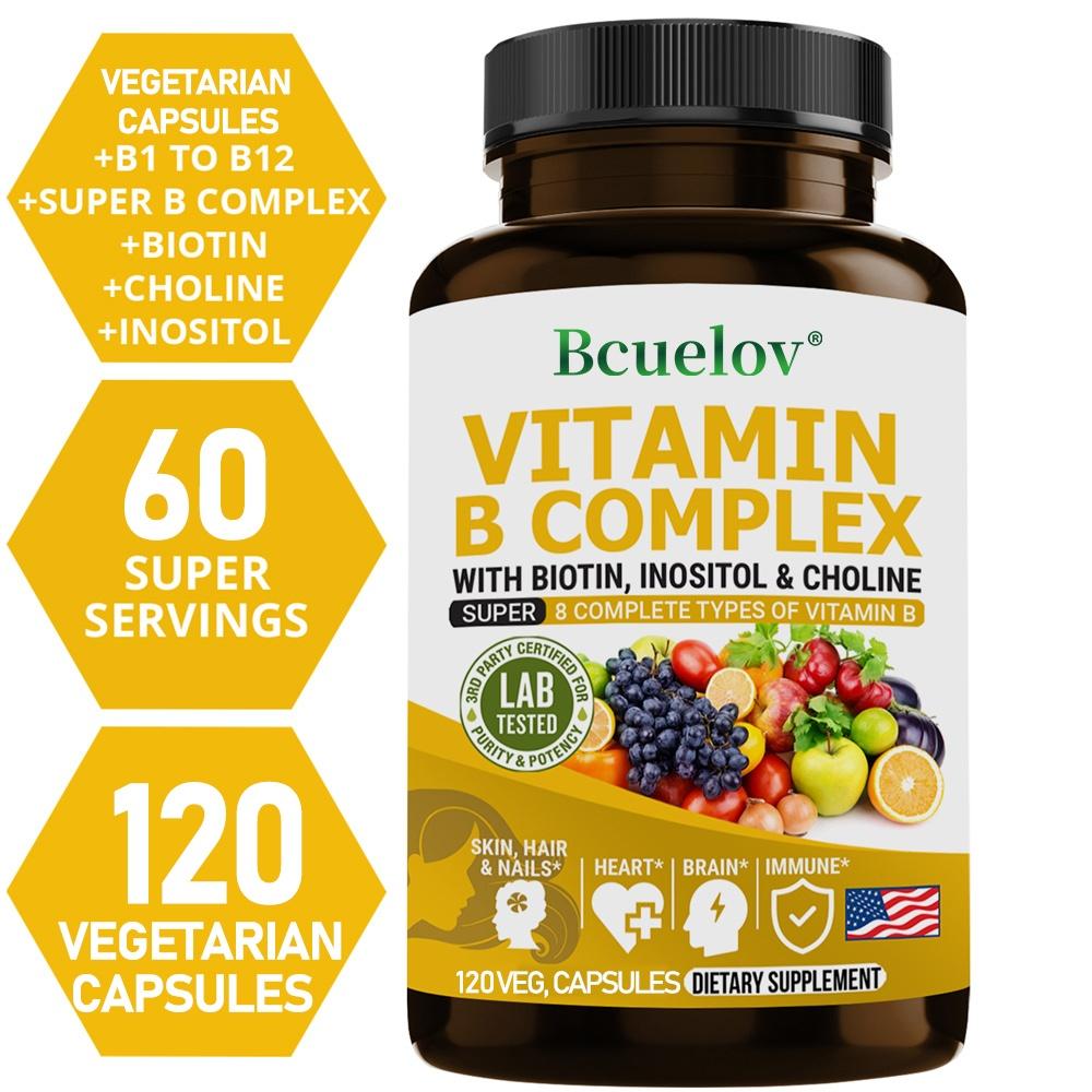 Bcuelov Vitamin B Complex Supplement with Biotin, Inositol & Choline, 8 Complete B Vitamins, High Potency, 120 Caps