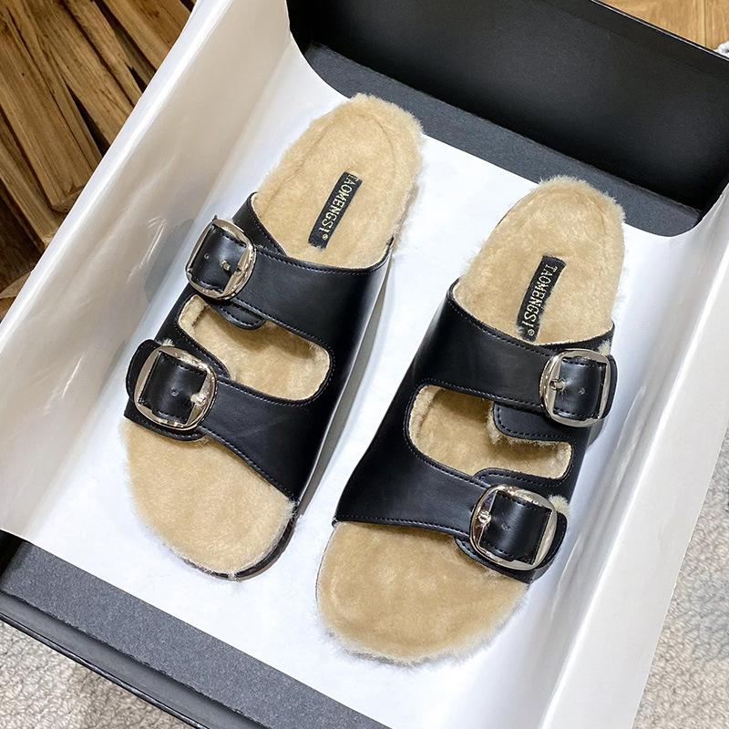 

A263 модная металлическая пряжка верхняя одежда теплые на толстой подошве пушистые туфли тапочки женские осень и зима 35 чёрный