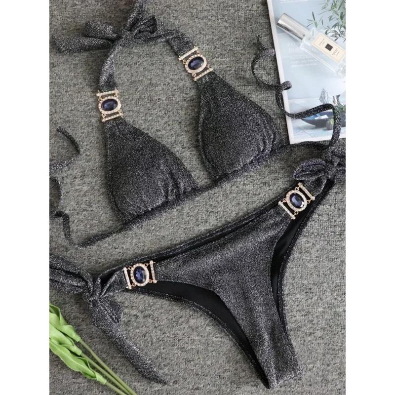 

2025 Блискуче стразове діамантове бікіні Жіночий купальник Жіночий купальний костюм Комплект бікіні з двох частин Халтер Металеві ланцюжки Купальний костюм S