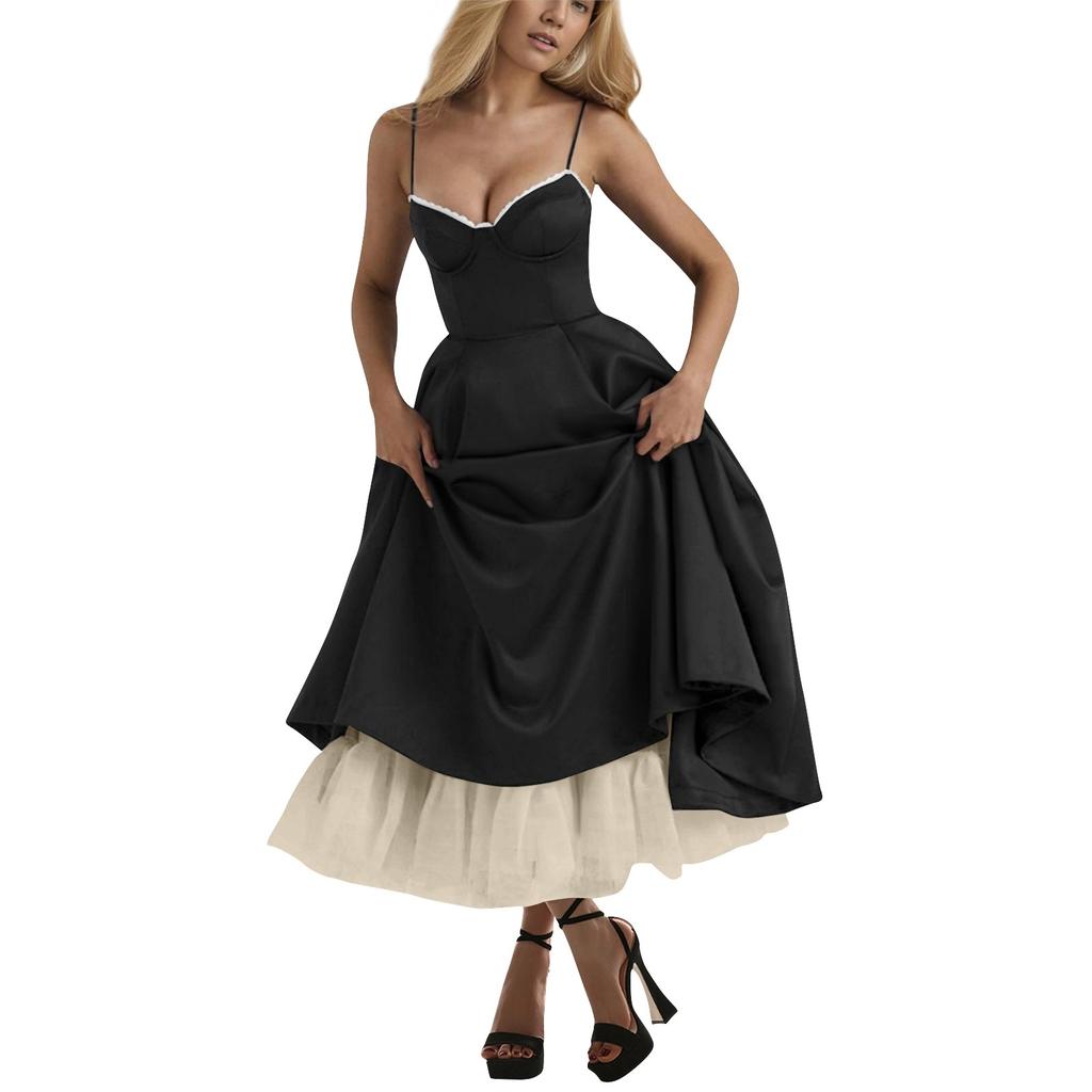 Dámské módní jednobarevné princeznovské šaty se síťovinou a dvouvrstvé podvazkové šaty