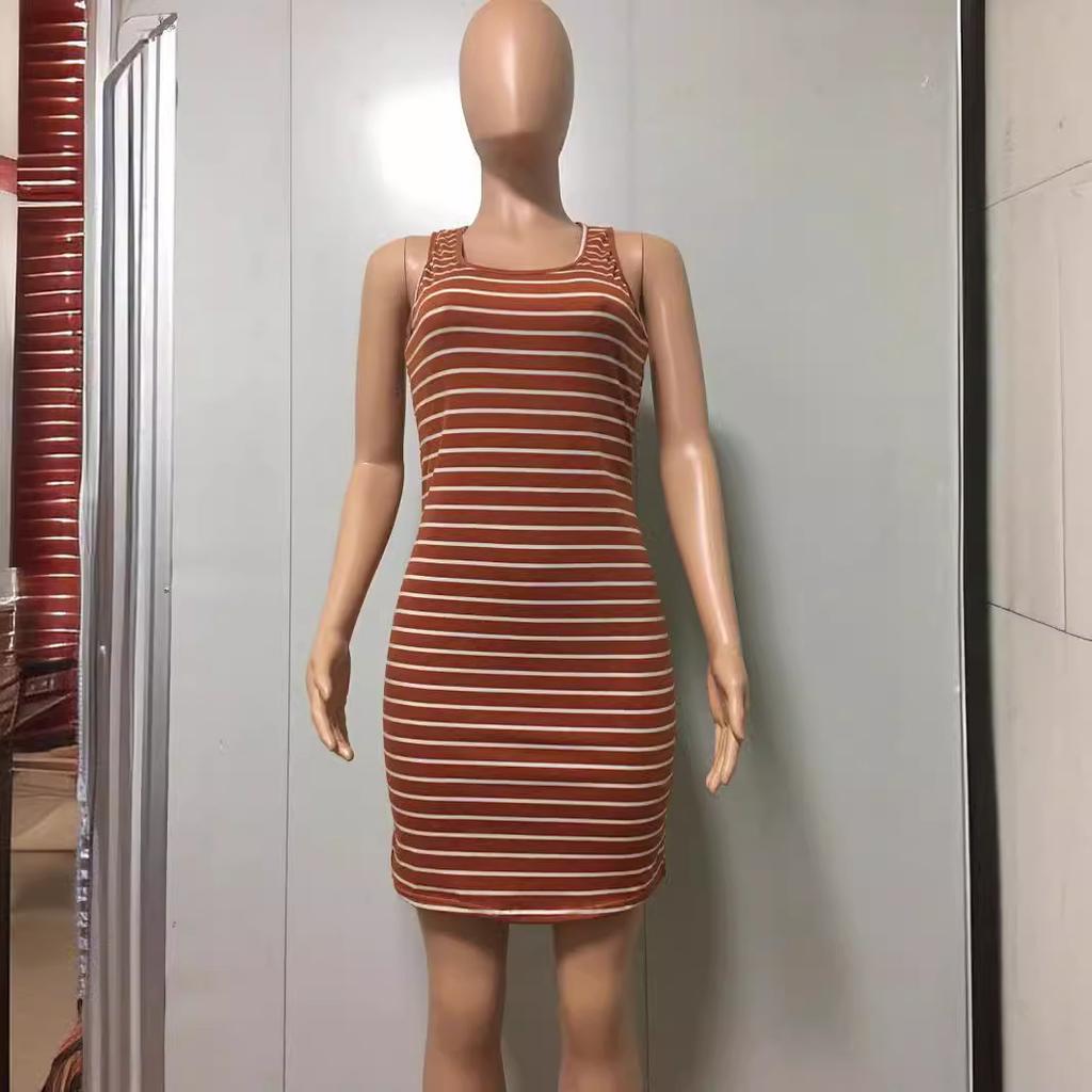 Women's Round Neck Sleeveless Striped Tank Midi Dress Loose Waist Casual Bodycon Knit Dress