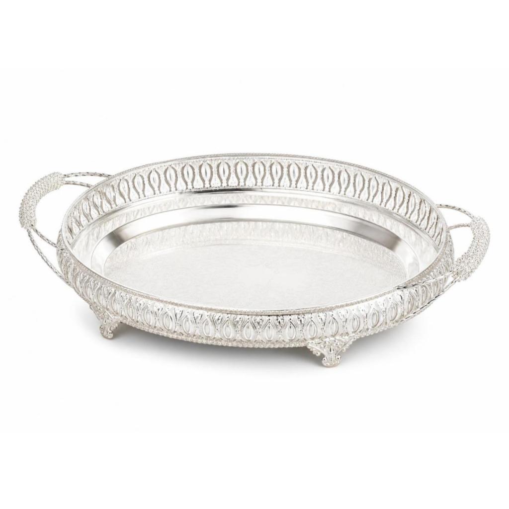 Mirrored Tray with Handles Openwork Decorative Cutout Rim SilverColored Metal Serving Platter
