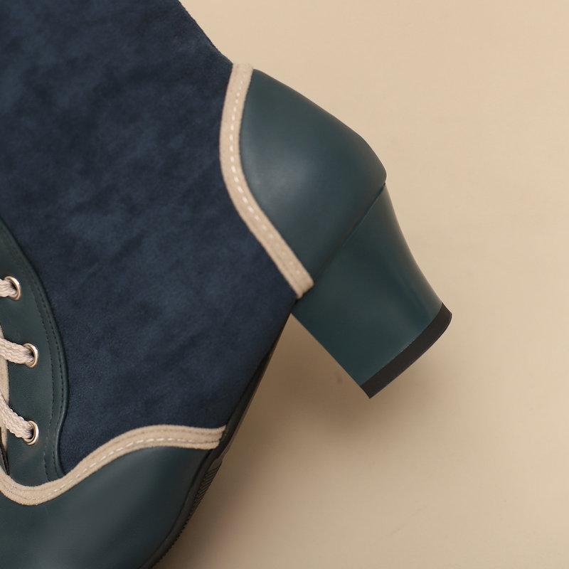 2024 Autumn Winter Retro Women's Ankle Boots Mixed Colours Cosplay Boots PU Patchwork Flock Comfy Chunky Heels Shoes