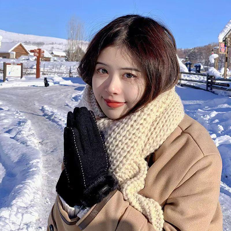 Women's Winter Windproof Touchscreen Cashmere Gloves - Thick, Warm, Fleece-Lined for Cycling, Korean Style