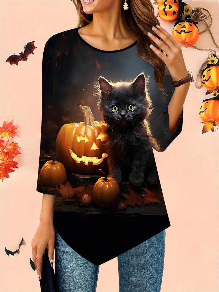 Women's Loose Round Neck Three Quarter Sleeve Tee 3D Halloween Pattern Ideal Halloween and Christmas Gift