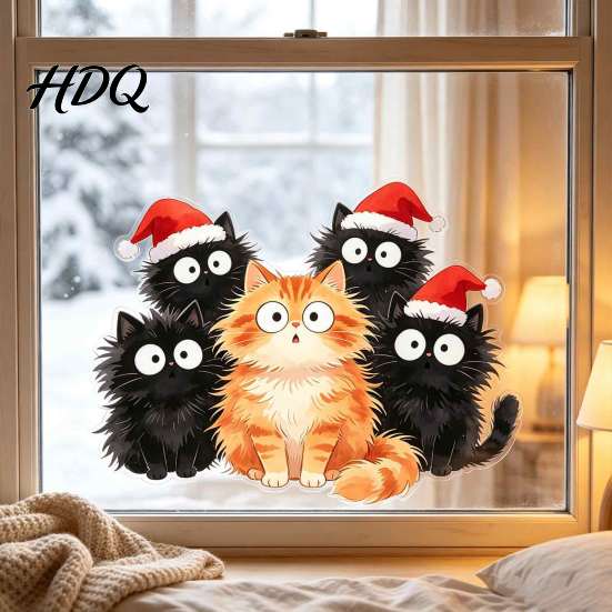 DIY Christmas Scene Window Decals Cling Cartoon Cats Sticker with Santa Hat Removable Indoor Outdoor Holiday Decor PVC Static Glass Decal