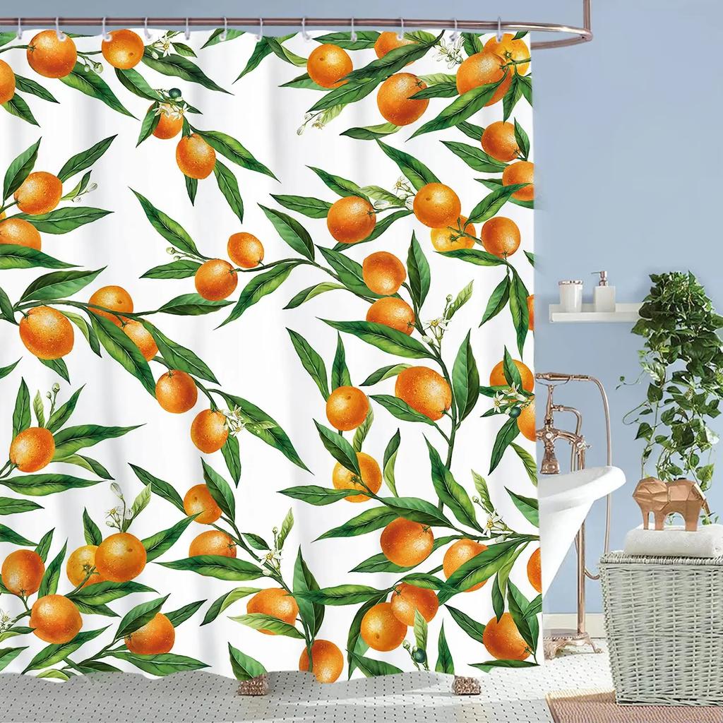 Orange Duschvorhänge, Allover Früchte Duschvorhang Rundes Zitrusmuster Wasserdichter Stoff Badezimmer Duschvorhang Sets mit Haken