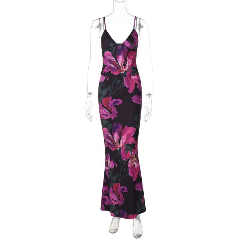 

Printed Sexy V-neck Tank Top Skirt Set Printed V-neck Vest Skirt Suit Black M