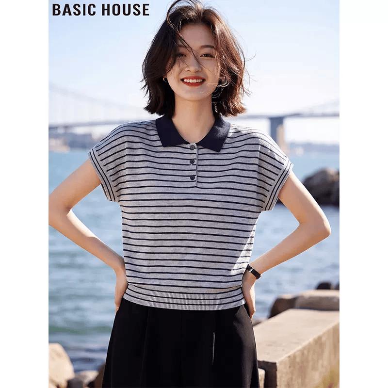 Basic House Women s Striped Polo Knitted T-Shirt XL