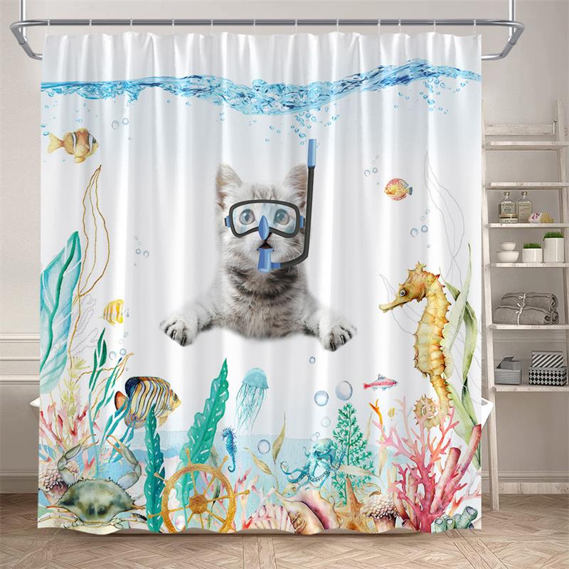 Funny Diving Cat Shower Curtain Whale Sea Turtle Seahorse Fish Coral Ocean Animals Underwater Scenery Children Bathroom Decor