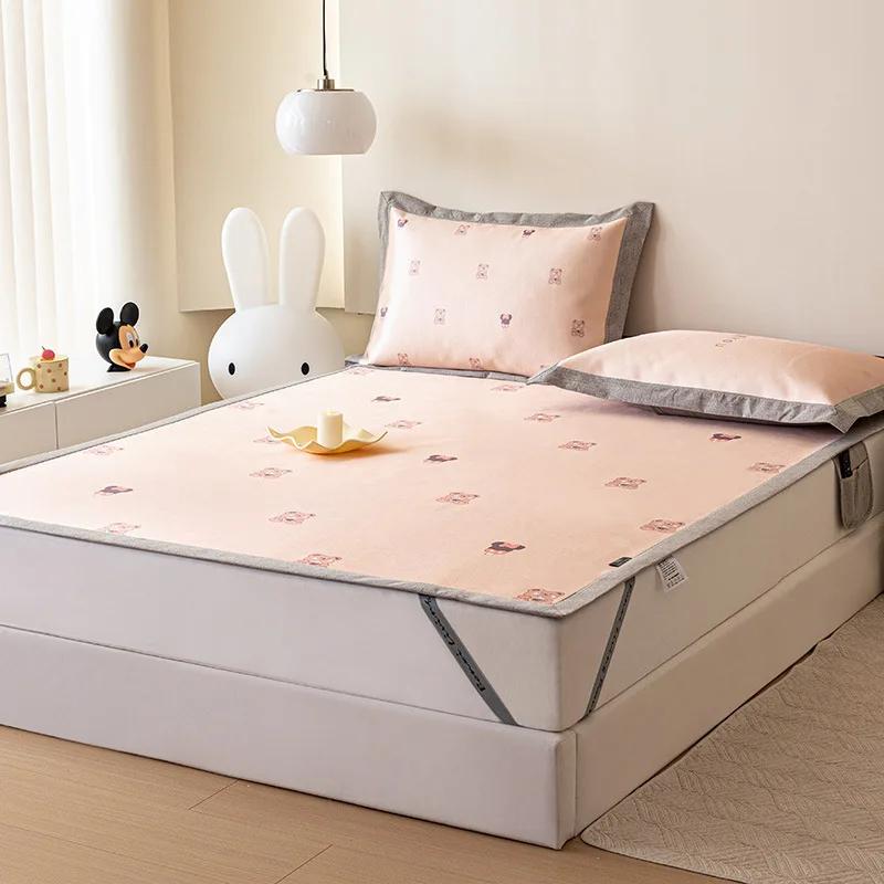 Niedliches Bärenmuster Sommer Eis Seide Dreiteiliges Set Sommer Schlafliegenmatte Waschbar Faltbar Kühl Klimaanlage Weiche Matte