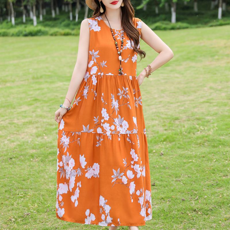 Elegant Sleeveless Dress for Women Plus Size Short Sleeve Vintage Print Long Dress Summer Casual Middle-aged Women's Clothing