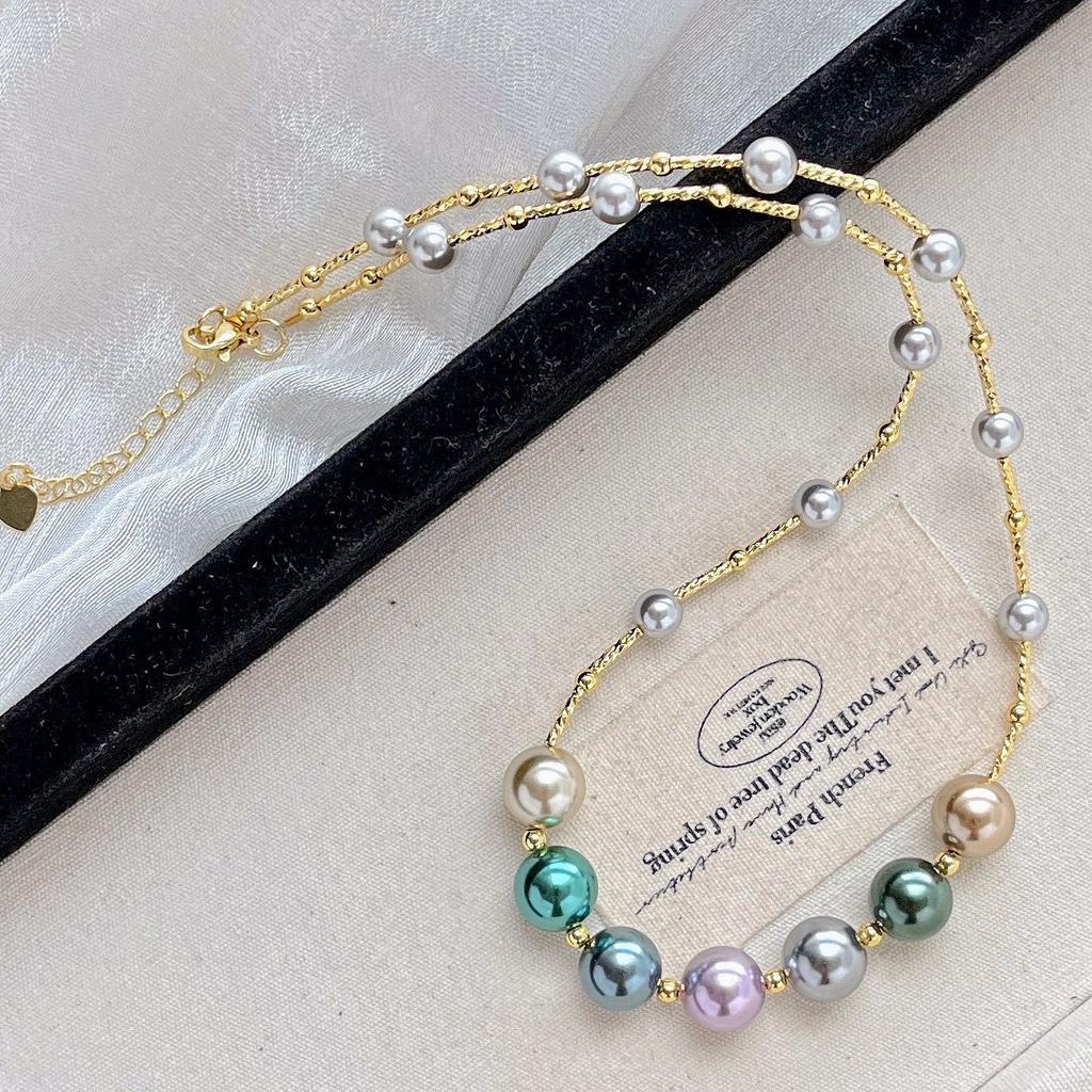 Maillard Style Peacock Green Vintage Blend Faux Crystal Pearl Necklace Collarbone Chain Sweater Chain