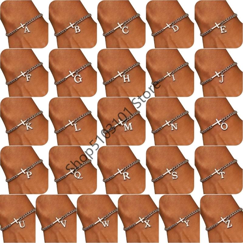 26 Letters Charm Bracelet Stainless Steel A-Z Handchain Adjustable Length for Women Girl Men Gift