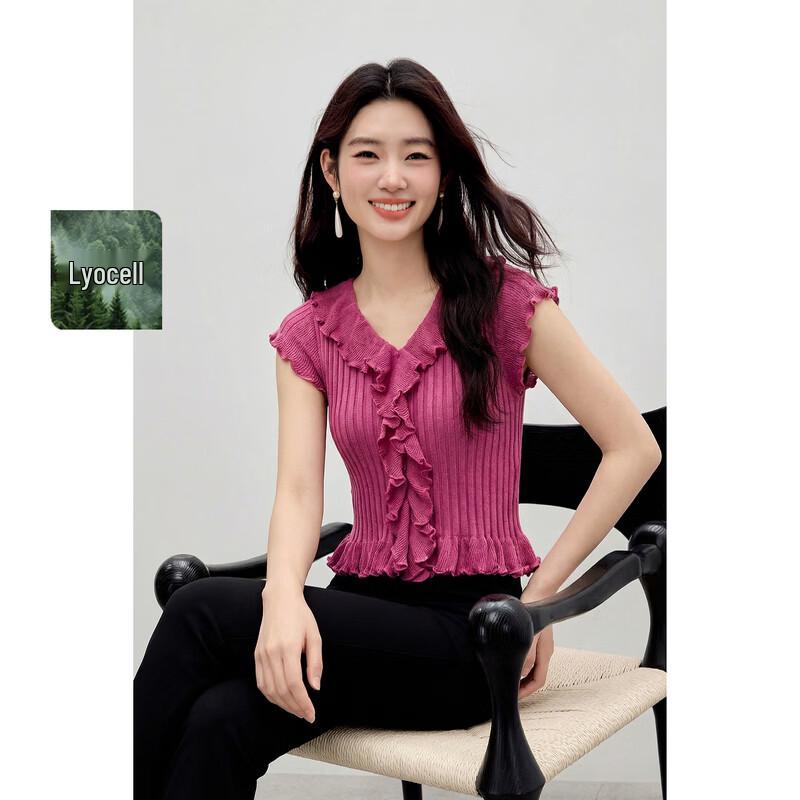 Women s V-neck Ruffle Knit Short Top L