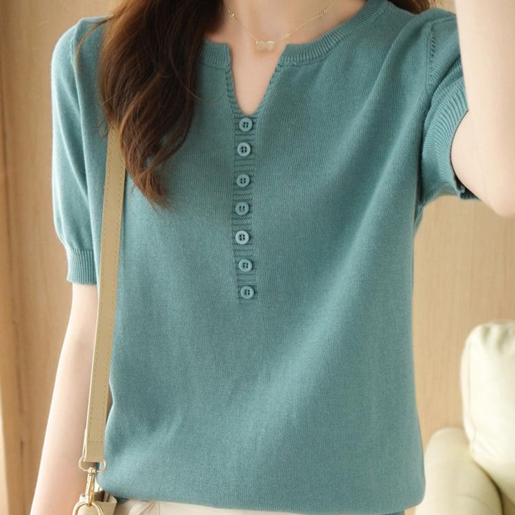 IHUASU Women's Summer Thin New Solid Colour Line Short Sleeve Knitted T-Shirt V-Neck Pullover Loose Half Sleeve Vest Top Cotton Line T-shirt