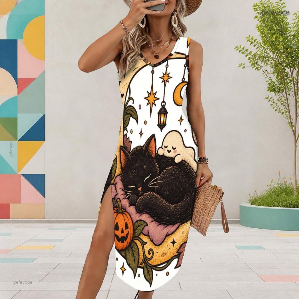 Women s Plus Size Sleeveless U Neck Tank Dress Halloween Panda Ghost Printed Side Slit Curved Hem