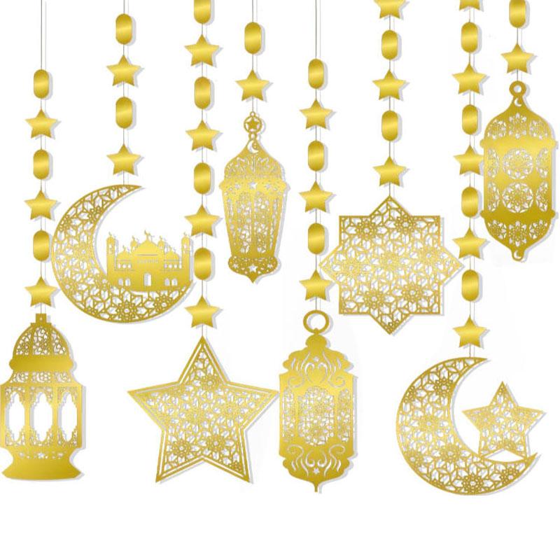 8 Pieces Ramadan Decoration, Eid Mubarak Gold Garland Pendant Decor Set, Ramadan Islam Living Room Garland Window Wall Hanging Decorations