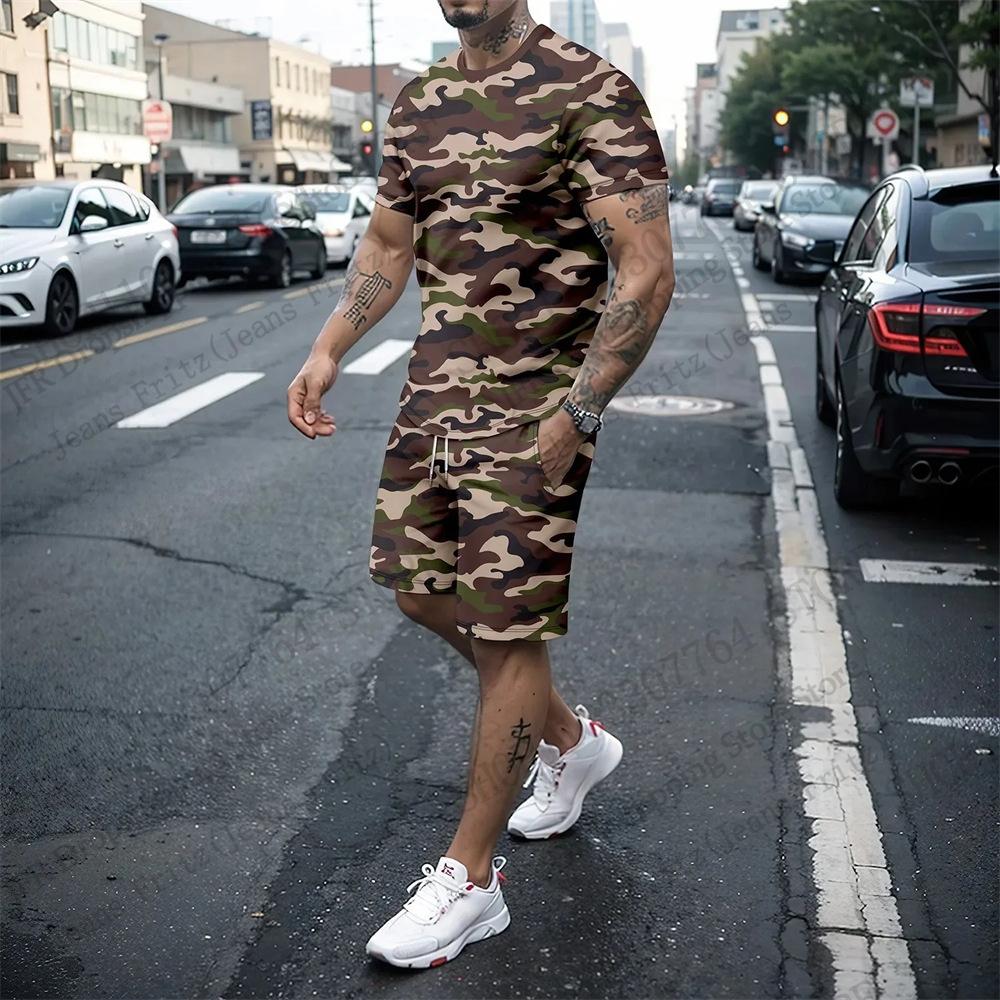Two-Piece T-shirt Sets Camo Camouflage Faith Black Cross 3d Print T-shirt+Shorts 2Pcs Set Outdoor Suit Fitness Tee Pant Shorts SET