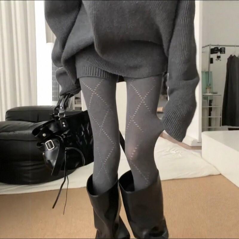 Autumn And Winter High-Waisted Rhombus Hollowed-Out Pantyhose Women'S Korean Micro-Pressure Thin Leggings Gray Versatile Pantyhose