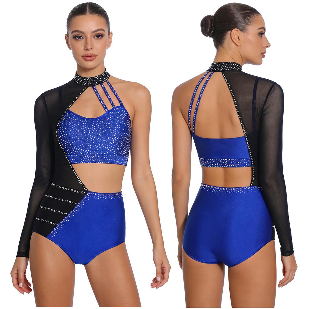 S-XXL Womens Gymnastics Leotard Bodysuit Rhinestone Color Blocking Asymmetrical Hollow Out Jumpsuit Figure Skating Tango Dancewear