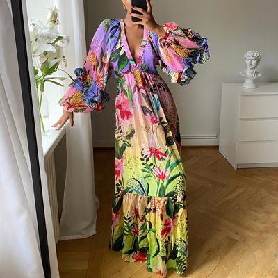 Summer New European and American Women's Clothing Printing Gradual Change Color Dress Ruffle V Neck Sexy Thin Dress