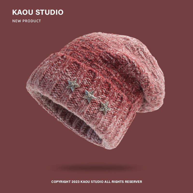 

Американская пустошь ветер улица модный бренд вязаная шапка женская панк металл пентаграмма постепенное изменение ворсовая шапка осень и зима холодная шапка мужская Average size [head circumference 55-58cm] красный