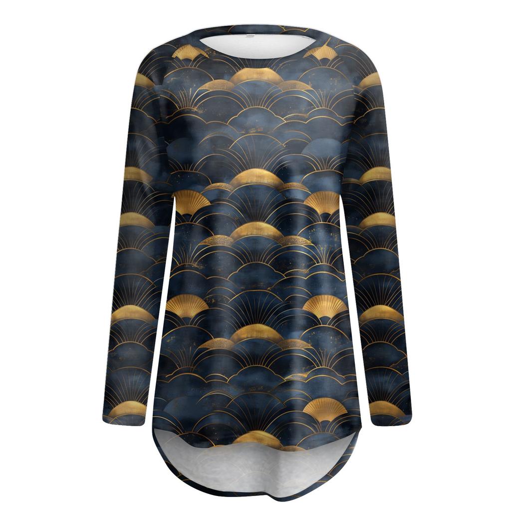 Women's Fashion Casual Long Sleeve  Print Round Neck Pullover Top Blouse