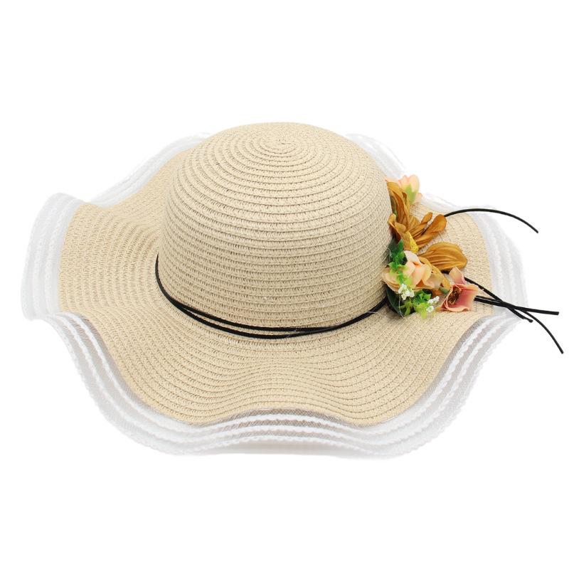 Mesh Woven Straw Hat Ladies Flower Sunscreen Sun Hat Wave Edge Sun Hat Beach Hat