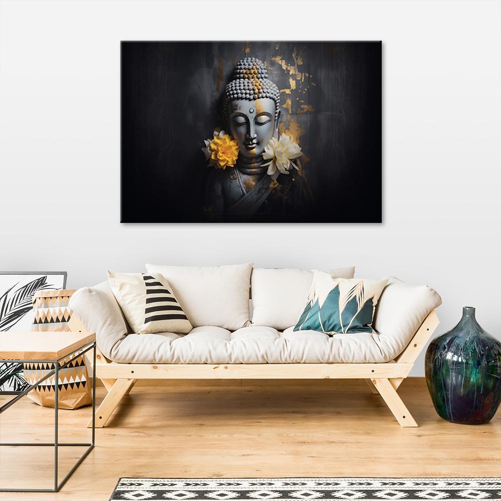 Canvas Print, Grey Buddha and Flowers
